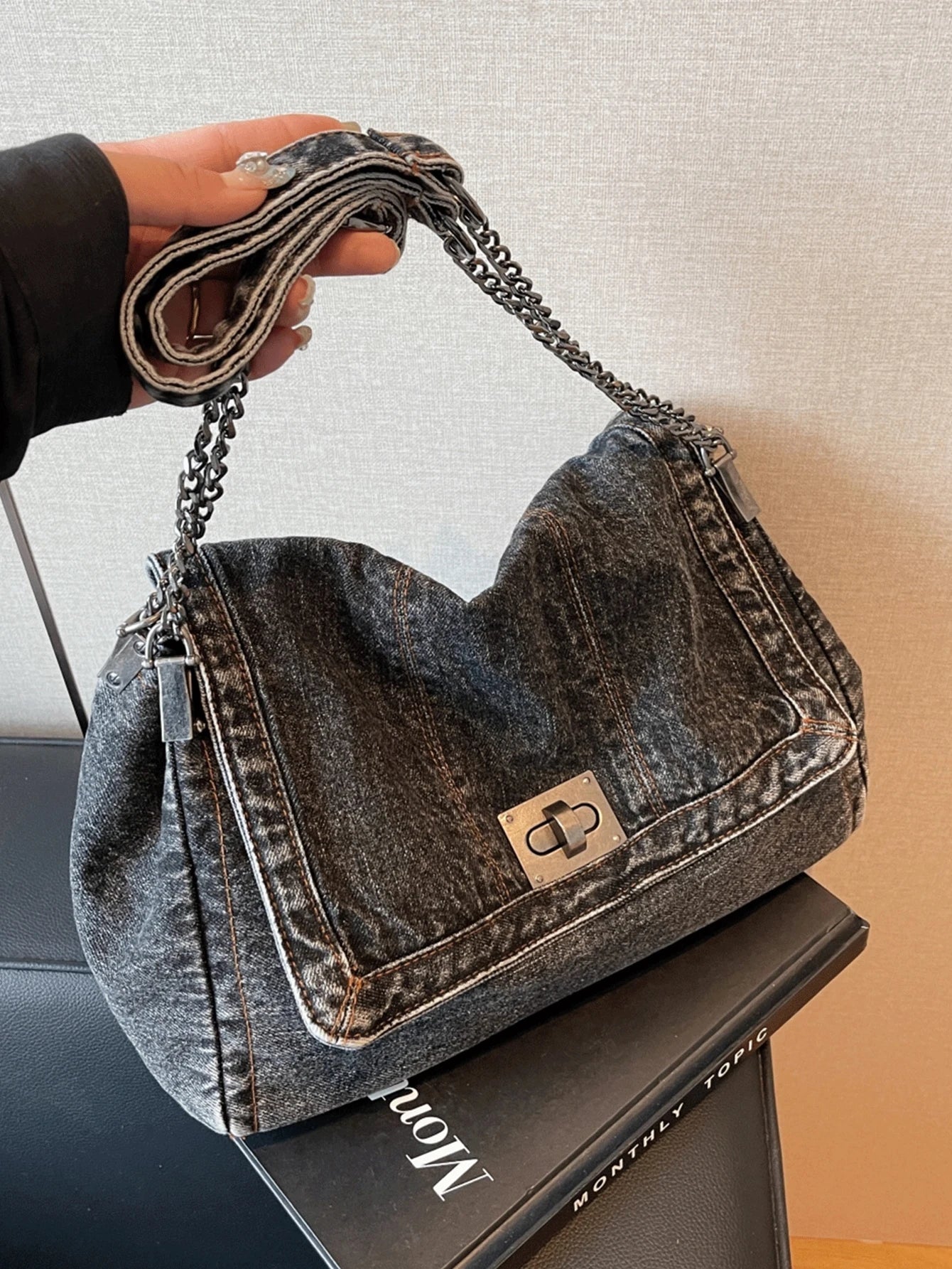 Denim Tote Bag with Metal Buckle and Chain Strap Deep Blue Light Blue Black Vintage Stitching Design for Women Non-Adjustable Sl