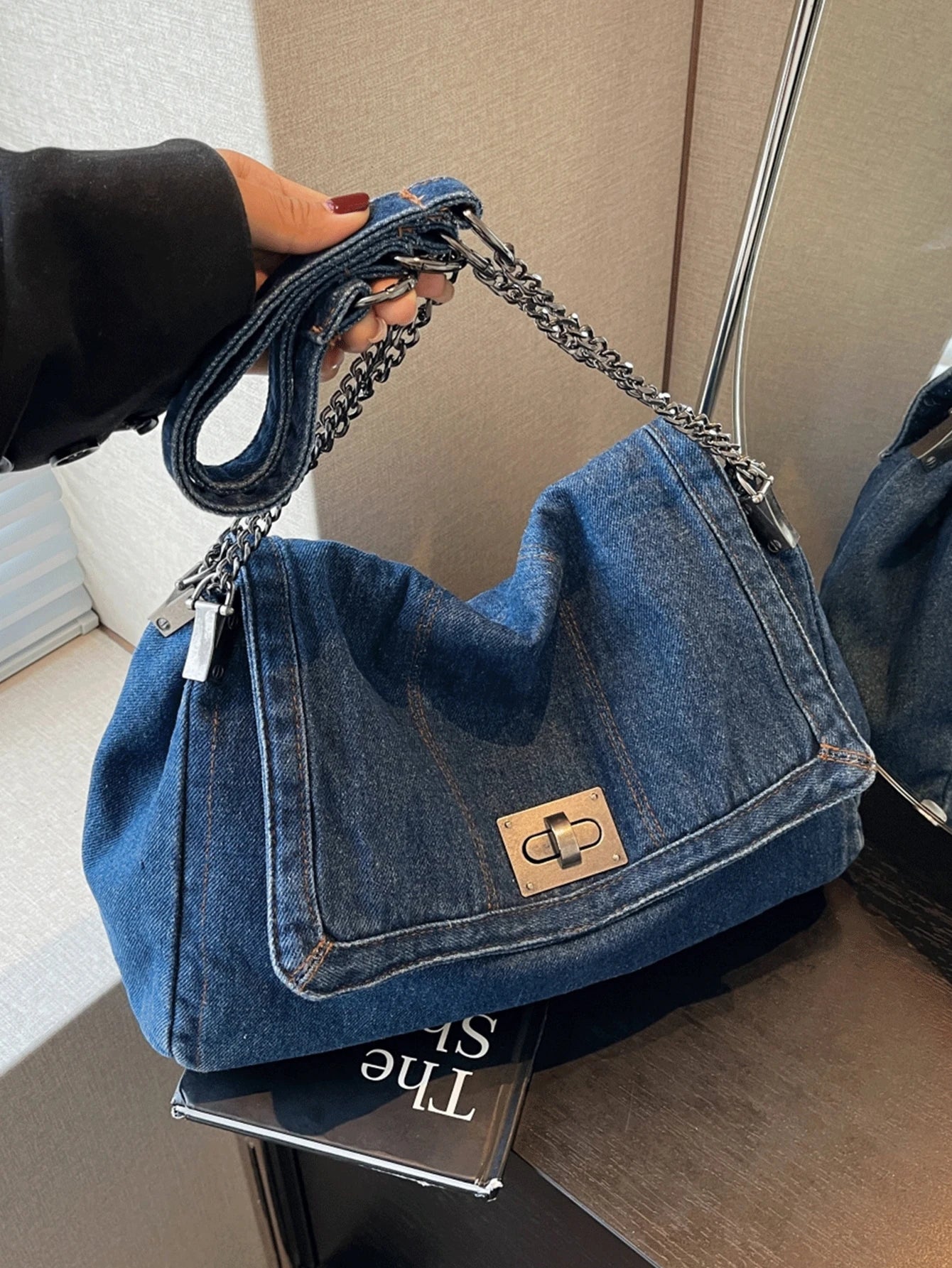 Denim Tote Bag with Metal Buckle and Chain Strap Deep Blue Light Blue Black Vintage Stitching Design for Women Non-Adjustable Sl