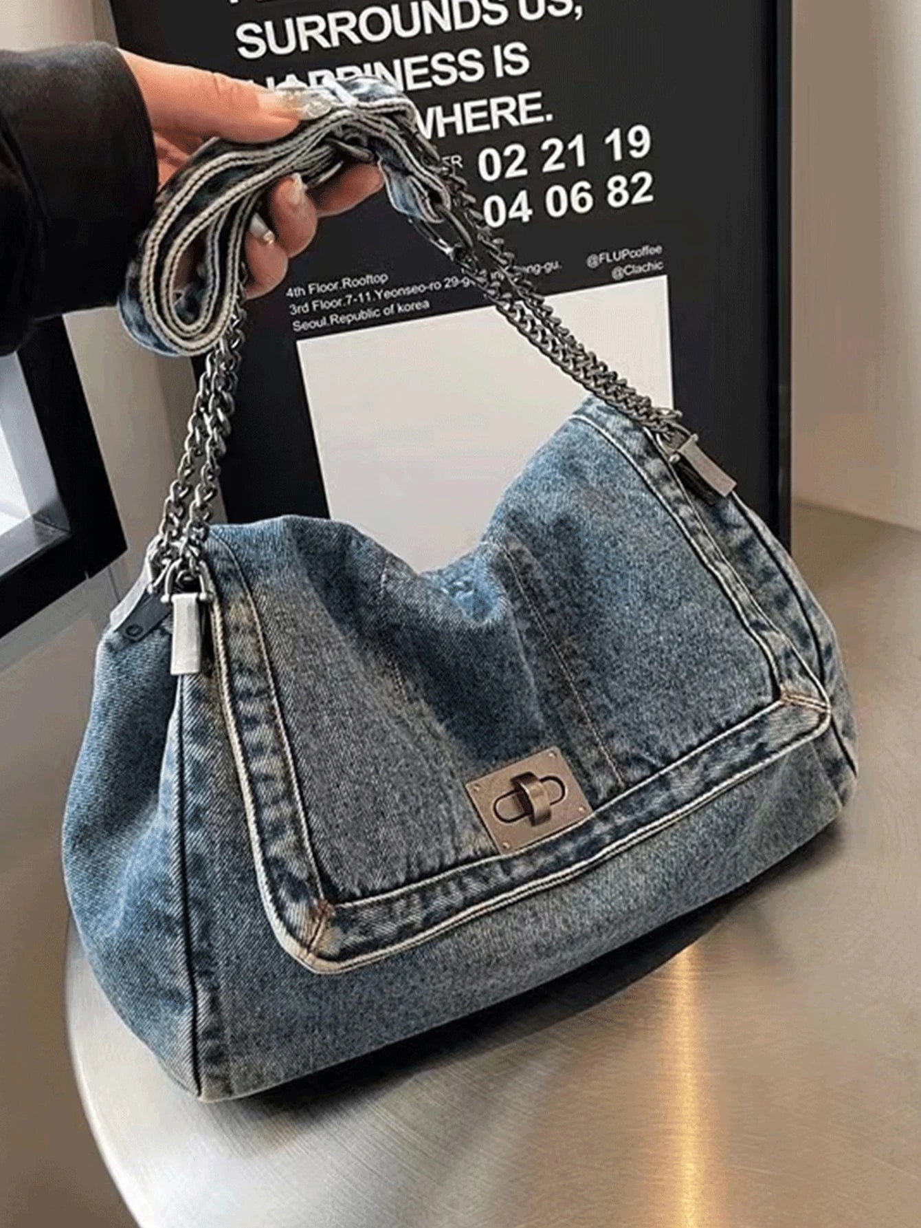 Denim Tote Bag with Metal Buckle and Chain Strap Deep Blue Light Blue Black Vintage Stitching Design for Women Non-Adjustable Sl