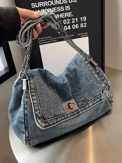 Denim Tote Bag with Metal Buckle and Chain Strap Deep Blue Light Blue Black Vintage Stitching Design for Women Non-Adjustable Sl